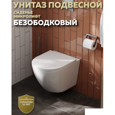 Унитаз подвесной безободковый 495x365x365мм Quwelle Streamlined белый, быстросъемное сидение с микролифтом