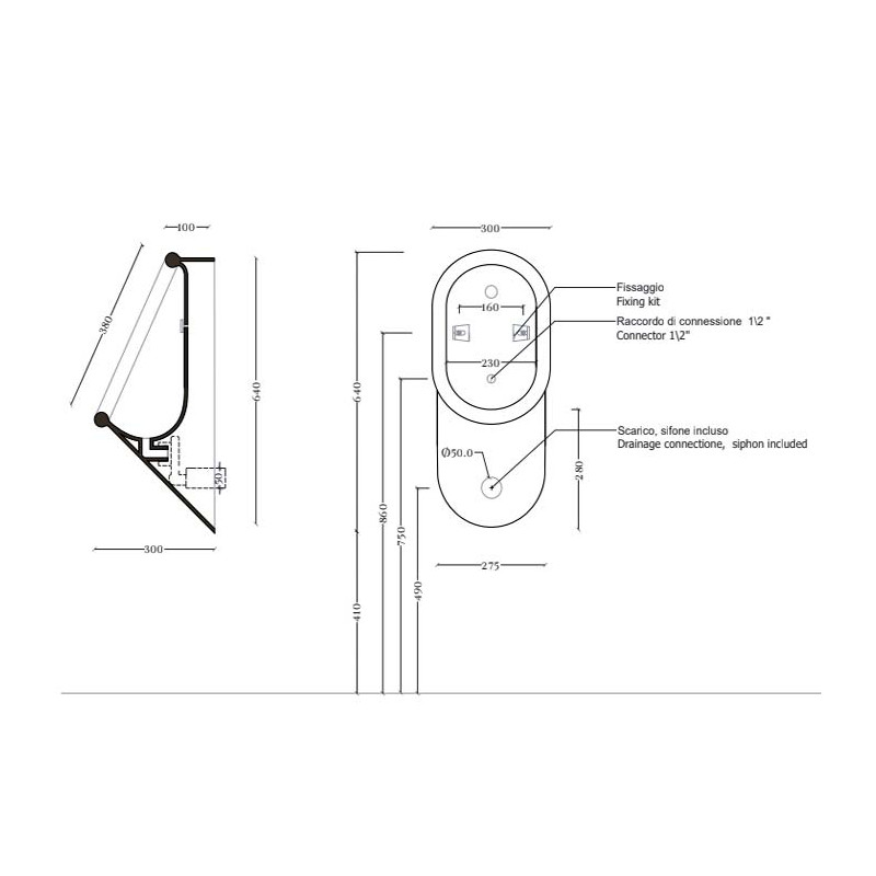 Писсуар настенный 37x30см Artceram Babila скрытый монтаж, белый глянцевый