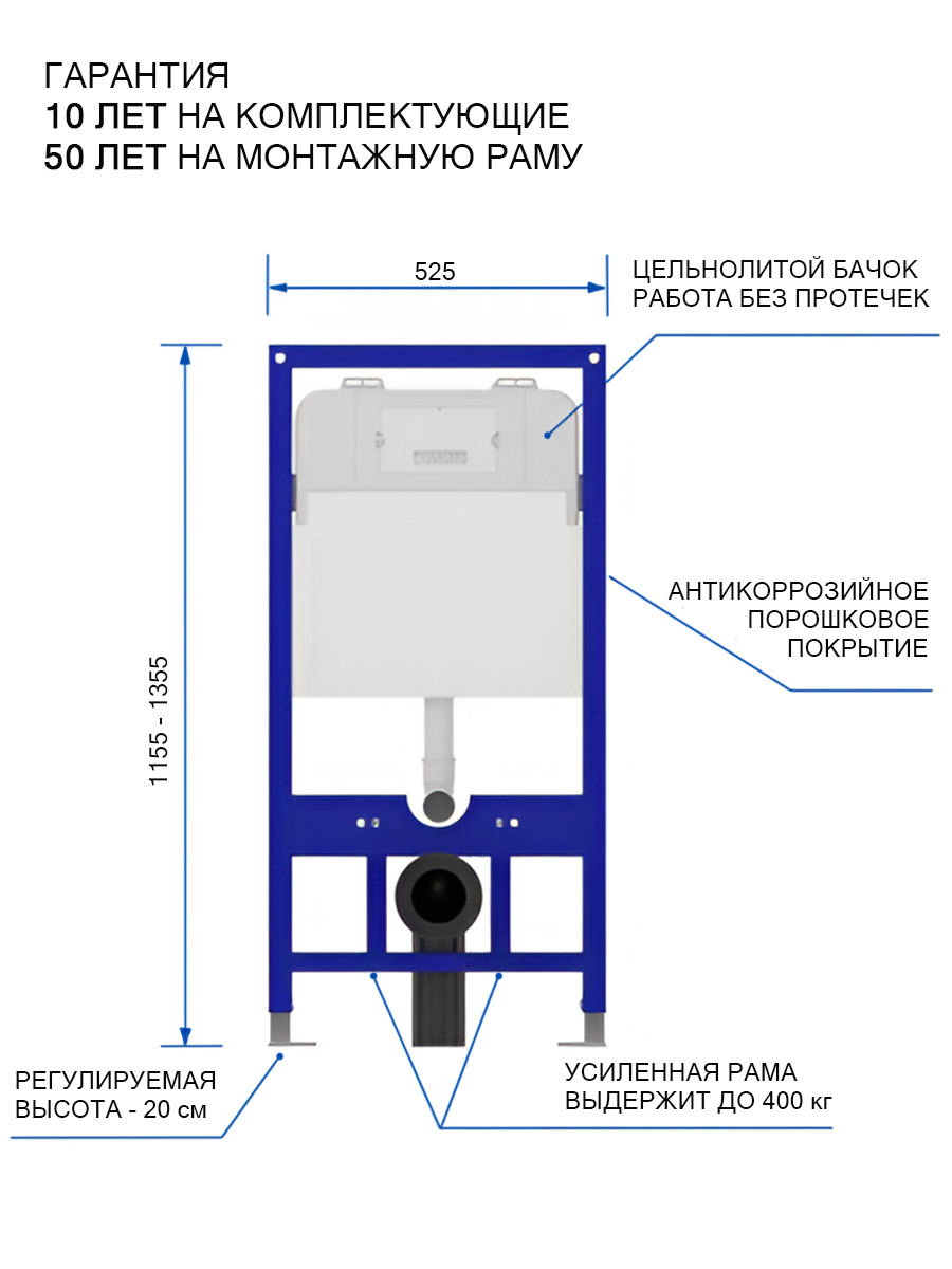 Инсталляция для подвесного унитаза Quwelle Pro 1150x525x110, с черной матовой клавишей смыва Quwelle Square