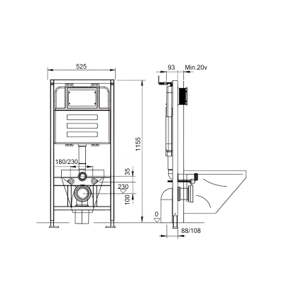 Инсталляция для подвесного унитаза Quwelle Pro 1150x525x110, с черной матовой клавишей смыва Quwelle Square