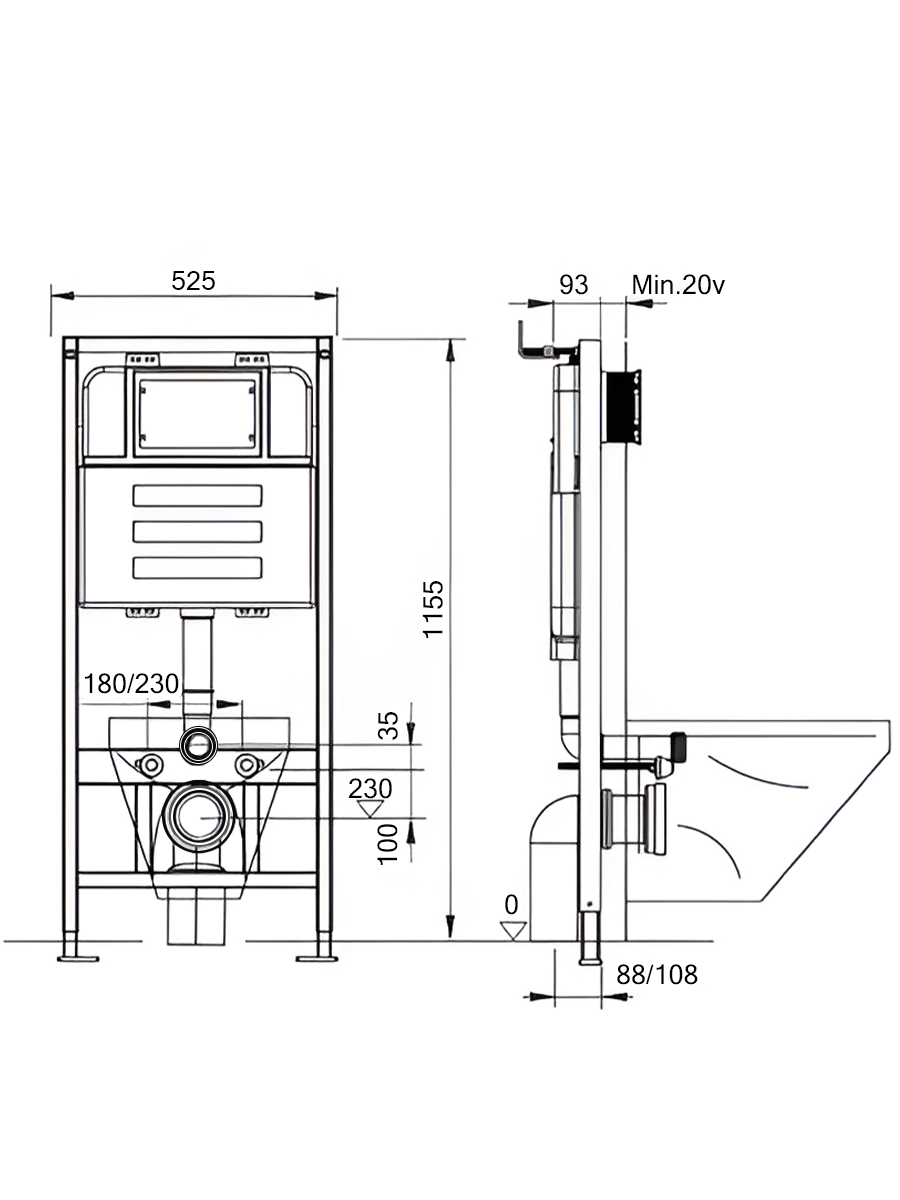Инсталляция для подвесного унитаза Quwelle Pro 1150x525x110, с черной матовой клавишей смыва Quwelle Square