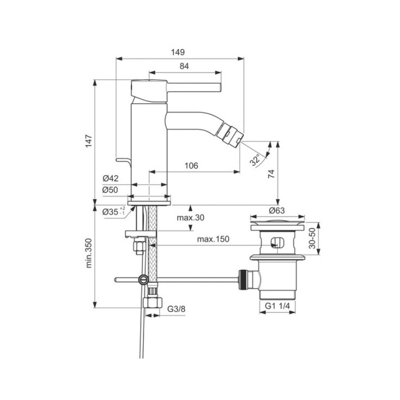 Смеситель для биде CERALINE одноручный с донным клапаном Ideal Standard
