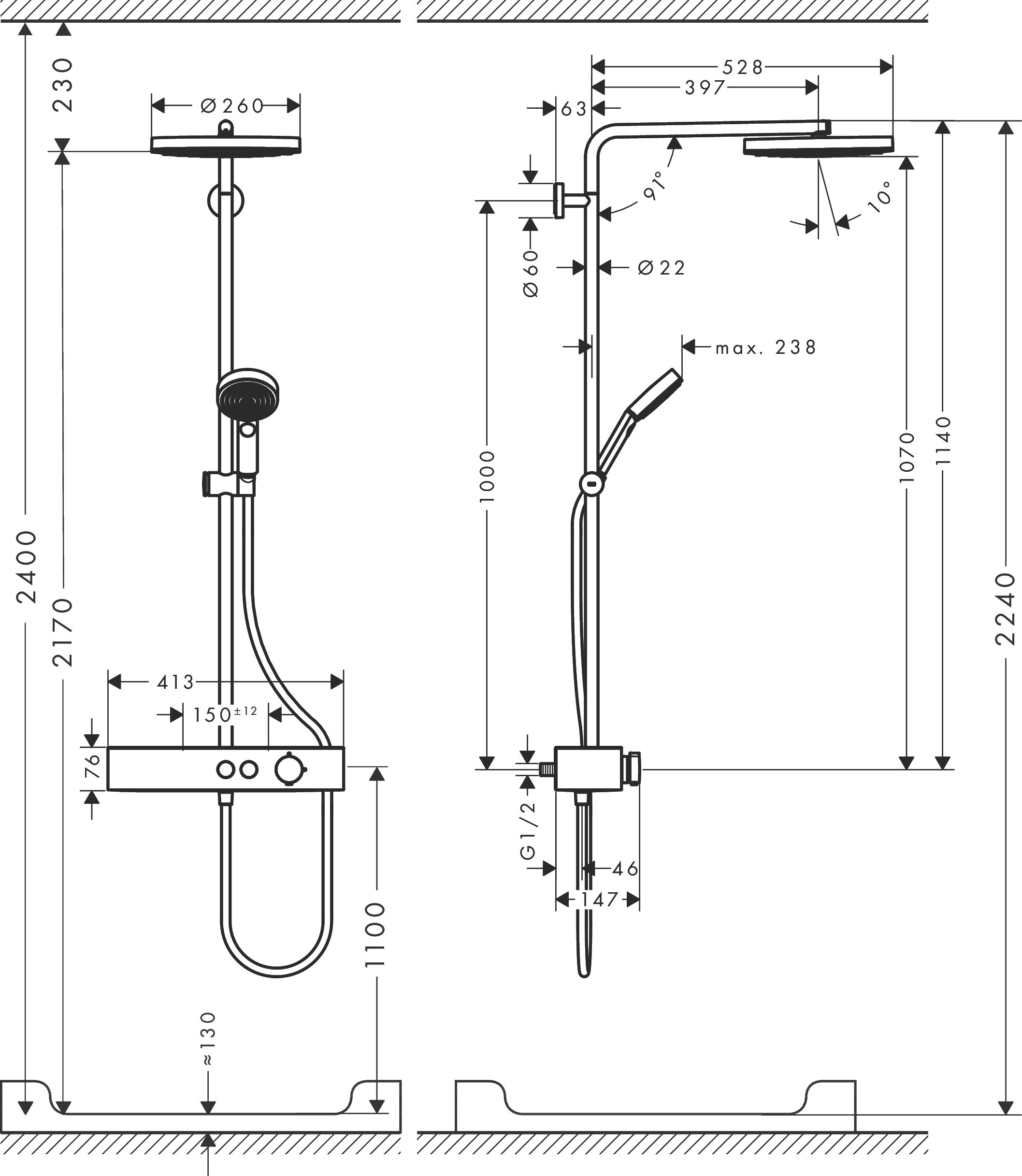 Душевая система хром Hansgrohe Pulsify S Showerpipe 260 1jet с ShowerTablet Select 400, матовая бронза