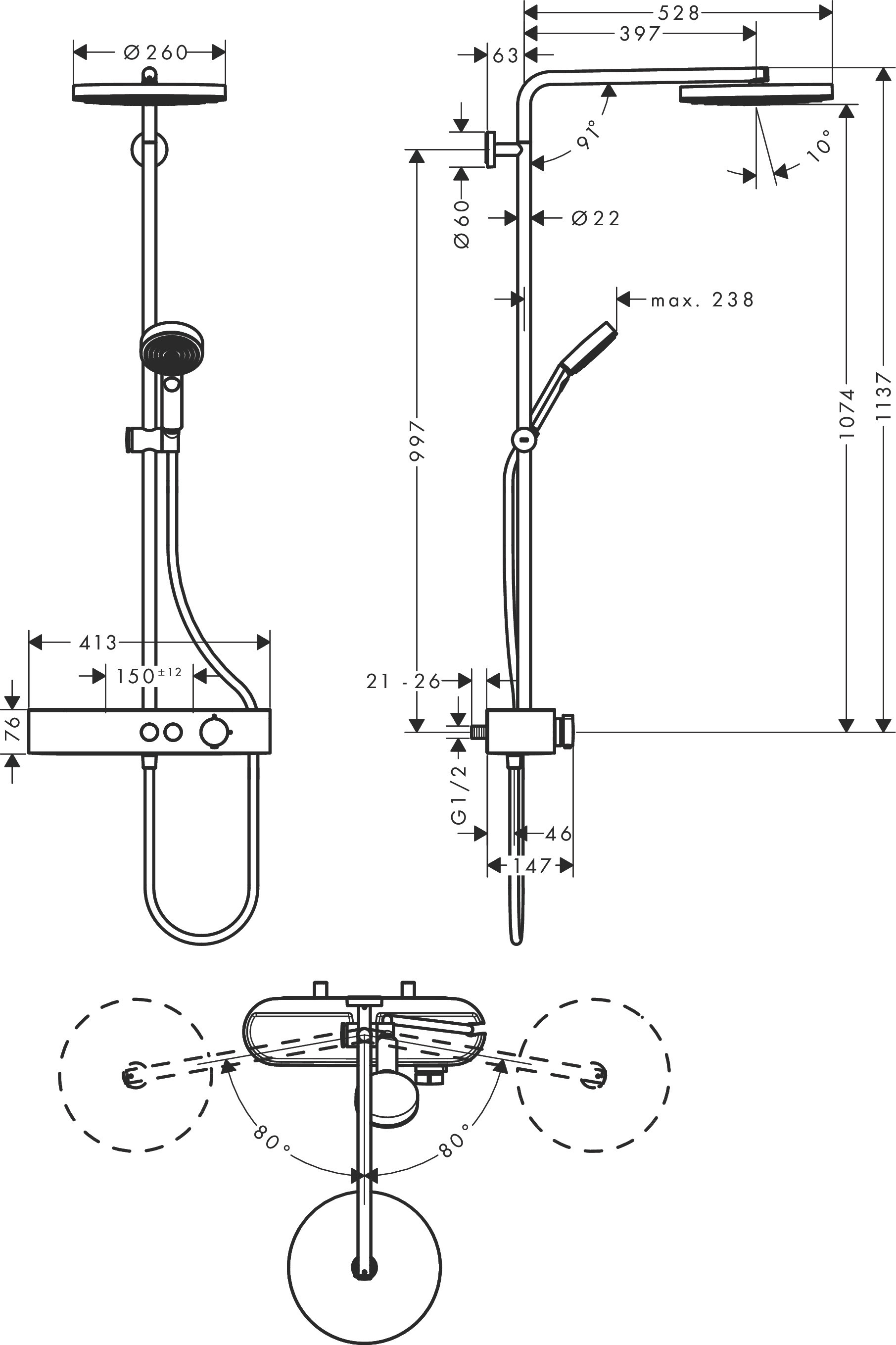 Душевая система хром Hansgrohe Pulsify S Showerpipe 260 1jet с ShowerTablet Select 400, матовая бронза