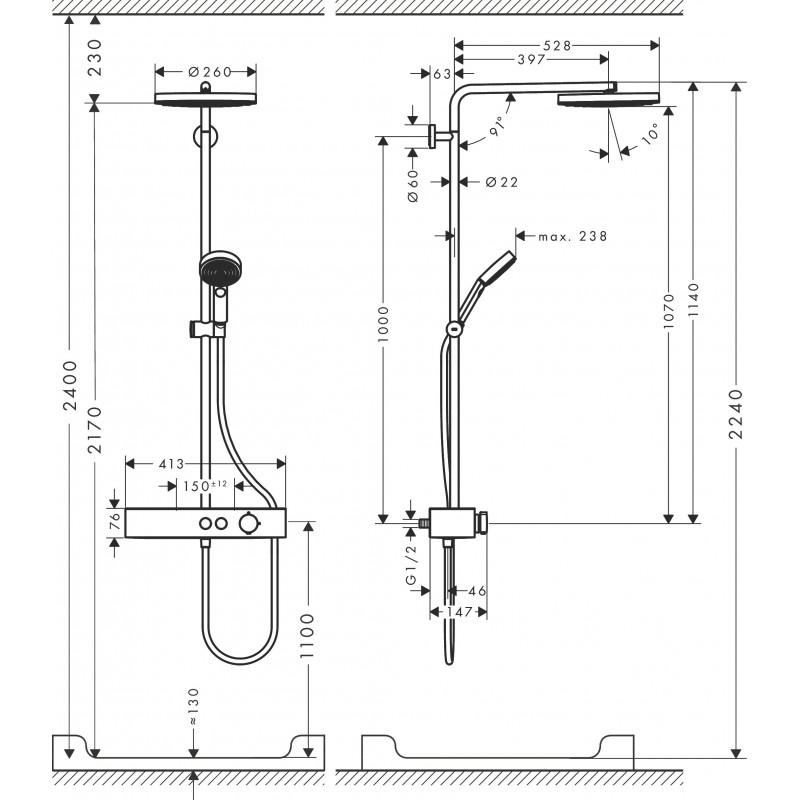 Душевая система хром Hansgrohe Pulsify S Showerpipe 260 1jet с ShowerTablet Select 400, хром