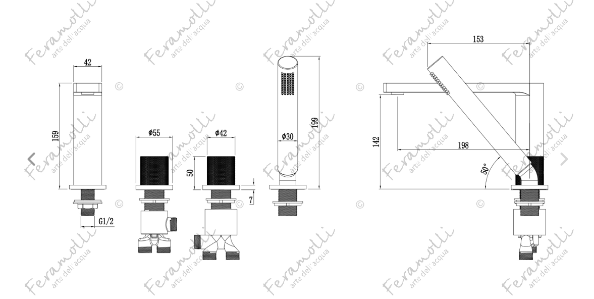 Смеситель на борт ванны Feramolli Dante GS8826S рукоятка Spirito, графит