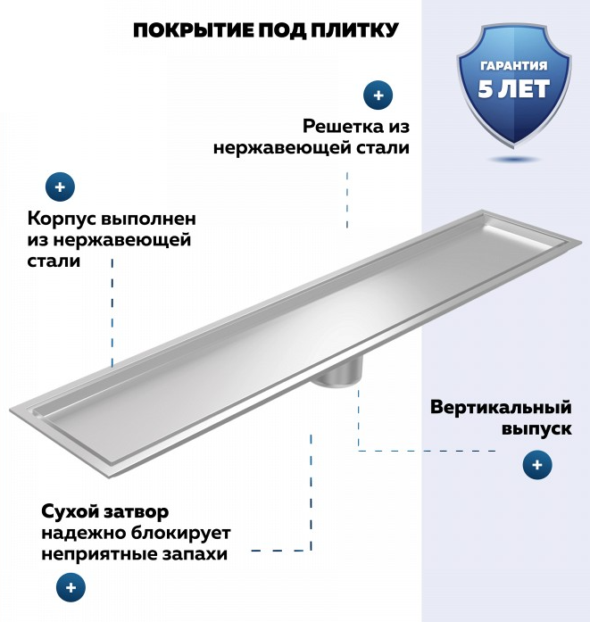Трап для душа QuWelle 10х50, решетка 2в1 под плитку/сплошная, сухой затвор, вертикальный выпуск, нержавеющая сталь