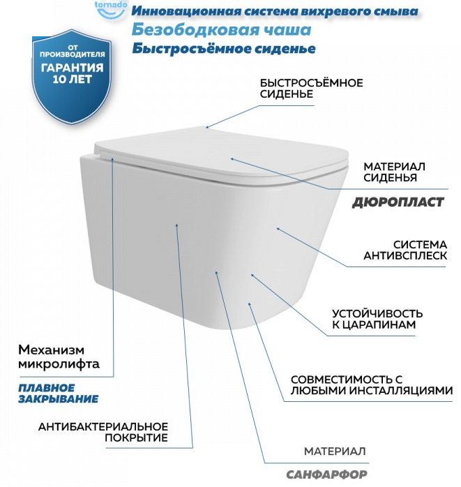 Унитаз подвесной безободковый 520x335мм Quwelle Istok, смыв Торнадо, белый, быстросъемное сидение с микролифтом