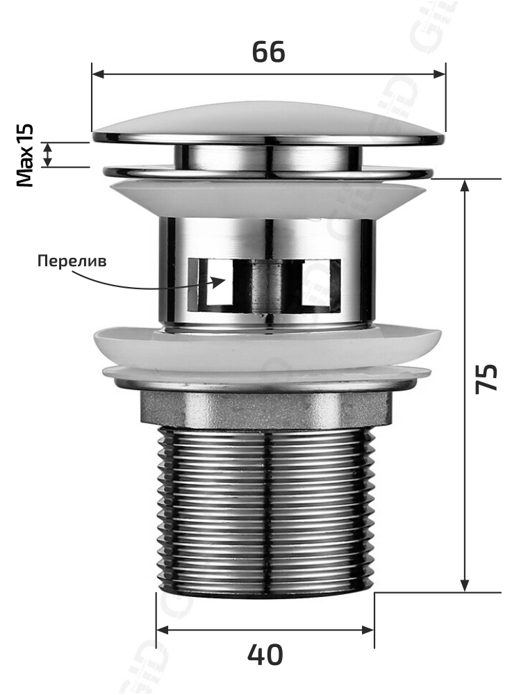 Донный клапан Gid  с переливом Ch100-1 73303K хром 7x7x10