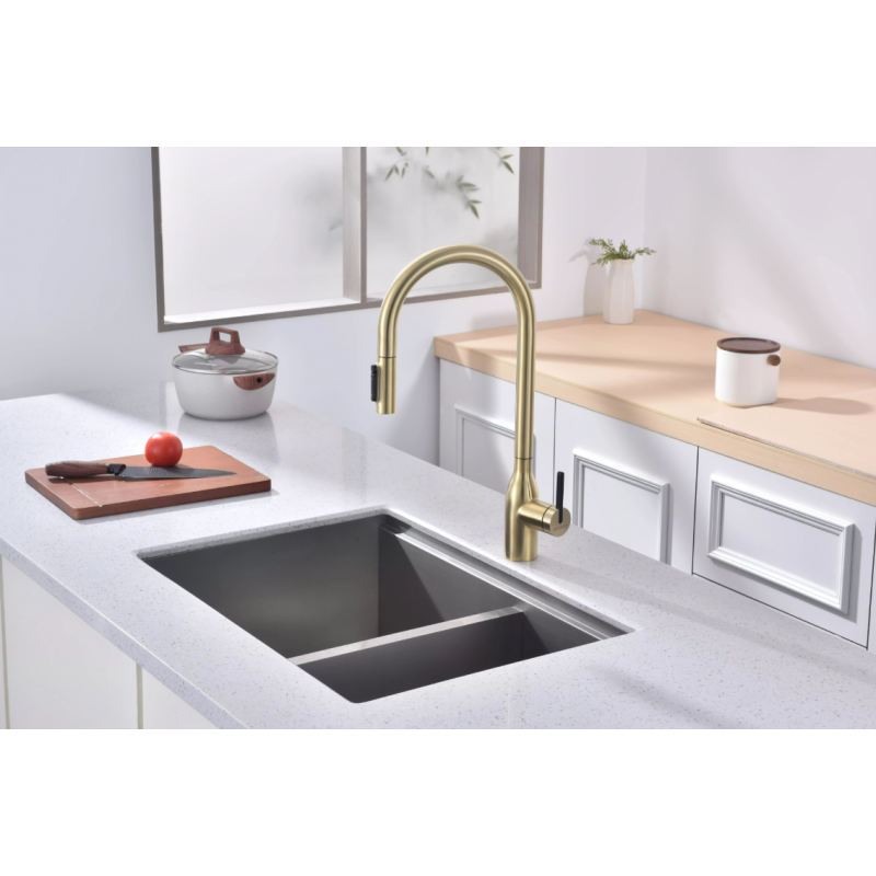 Смеситель Paulmark UNIVERSAL Metallum с подключением к фильтру для воды, с вытяжным шлангом, светлое золото