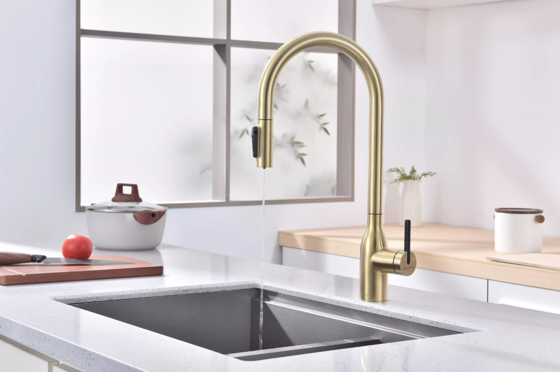 Смеситель Paulmark UNIVERSAL Metallum с подключением к фильтру для воды, с вытяжным шлангом, светлое золото