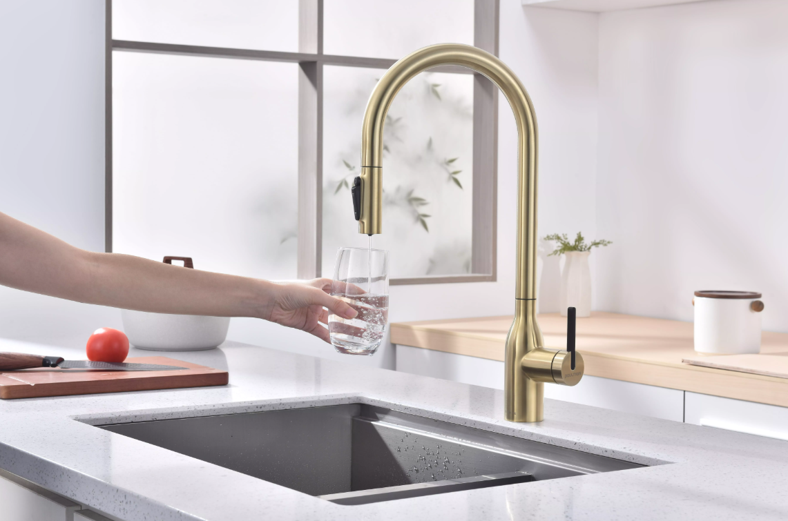 Смеситель Paulmark UNIVERSAL Metallum с подключением к фильтру для воды, с вытяжным шлангом, светлое золото