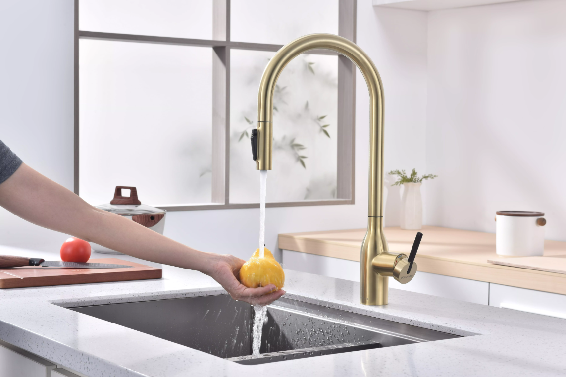 Смеситель Paulmark UNIVERSAL Metallum с подключением к фильтру для воды, с вытяжным шлангом, светлое золото