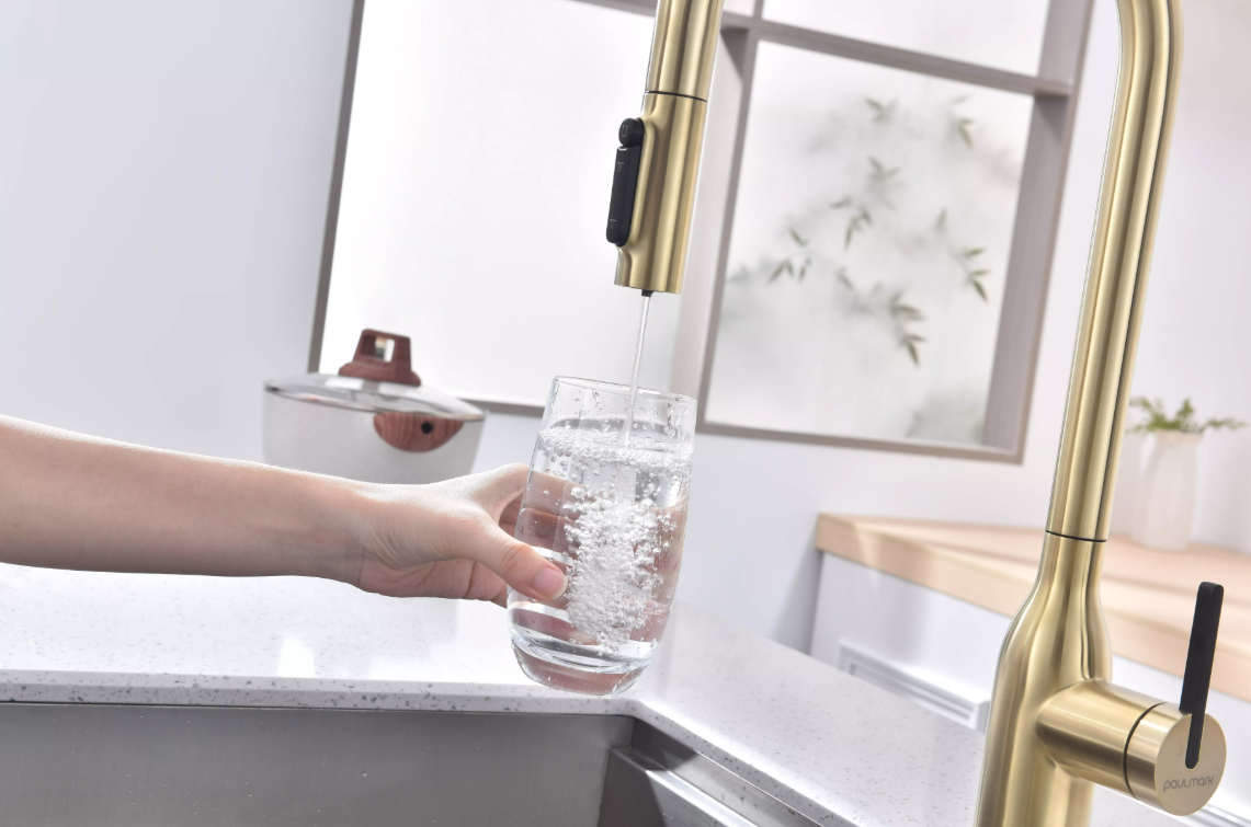 Смеситель Paulmark UNIVERSAL Metallum с подключением к фильтру для воды, с вытяжным шлангом, светлое золото