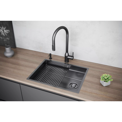 Смеситель Paulmark UNIVERSAL Metallum с подключением к фильтру для воды, с вытяжным шлангом, Вороненая сталь