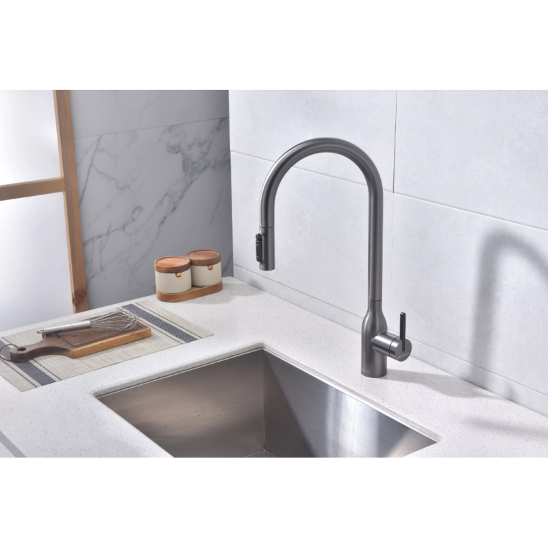 Смеситель Paulmark UNIVERSAL Metallum с подключением к фильтру для воды, с вытяжным шлангом, Вороненая сталь