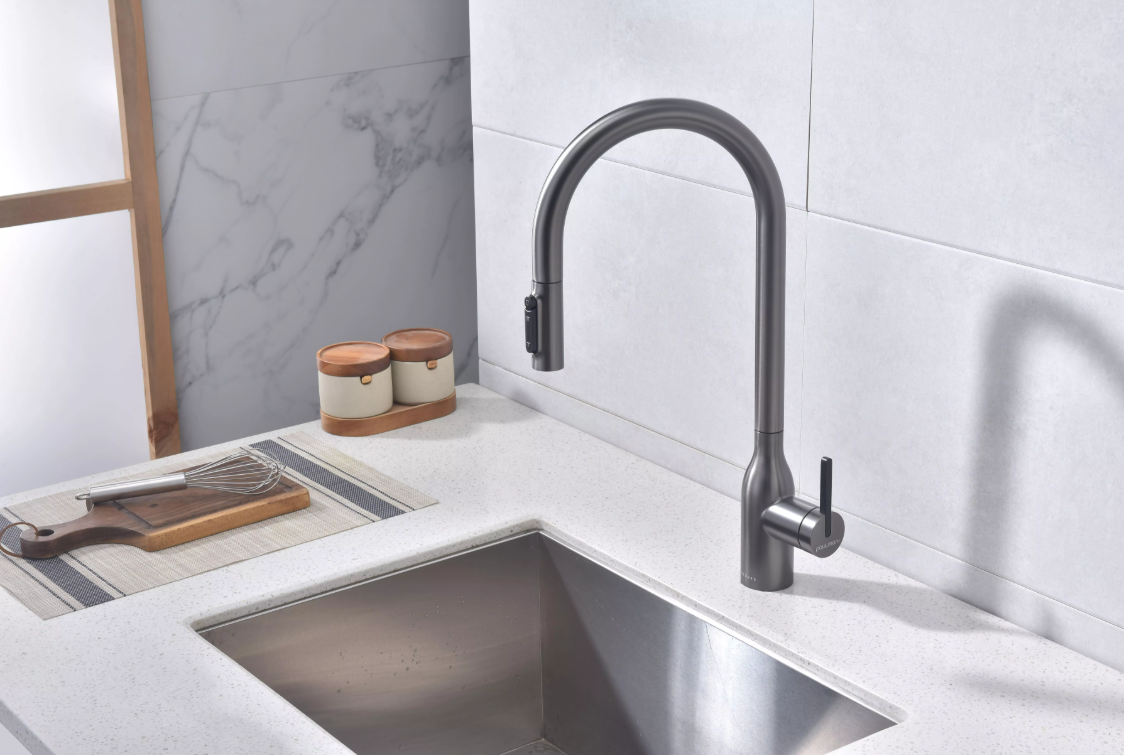 Смеситель Paulmark UNIVERSAL Metallum с подключением к фильтру для воды, с вытяжным шлангом, Вороненая сталь