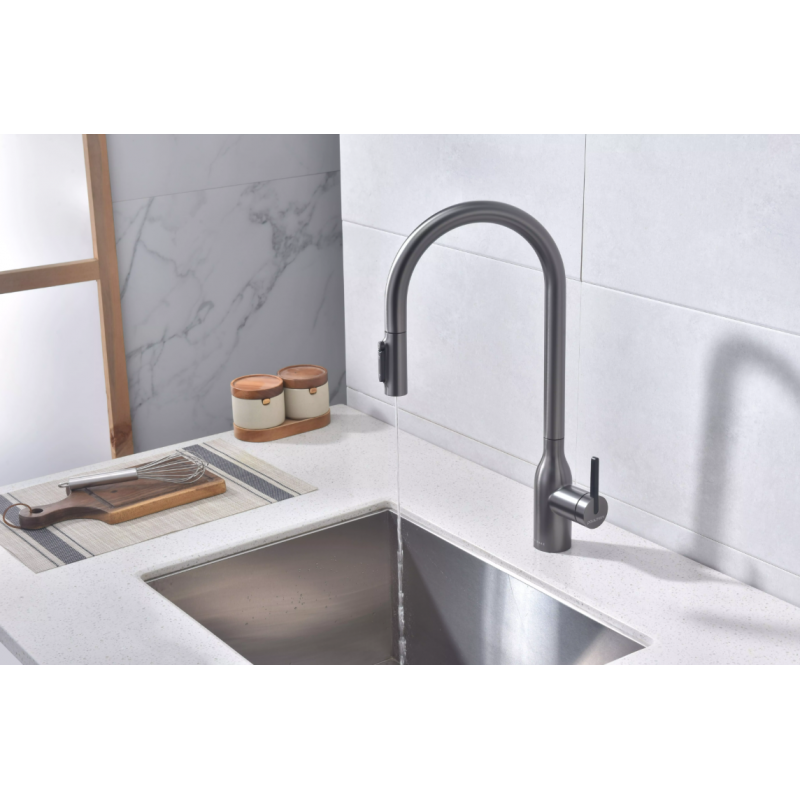 Смеситель Paulmark UNIVERSAL Metallum с подключением к фильтру для воды, с вытяжным шлангом, Вороненая сталь