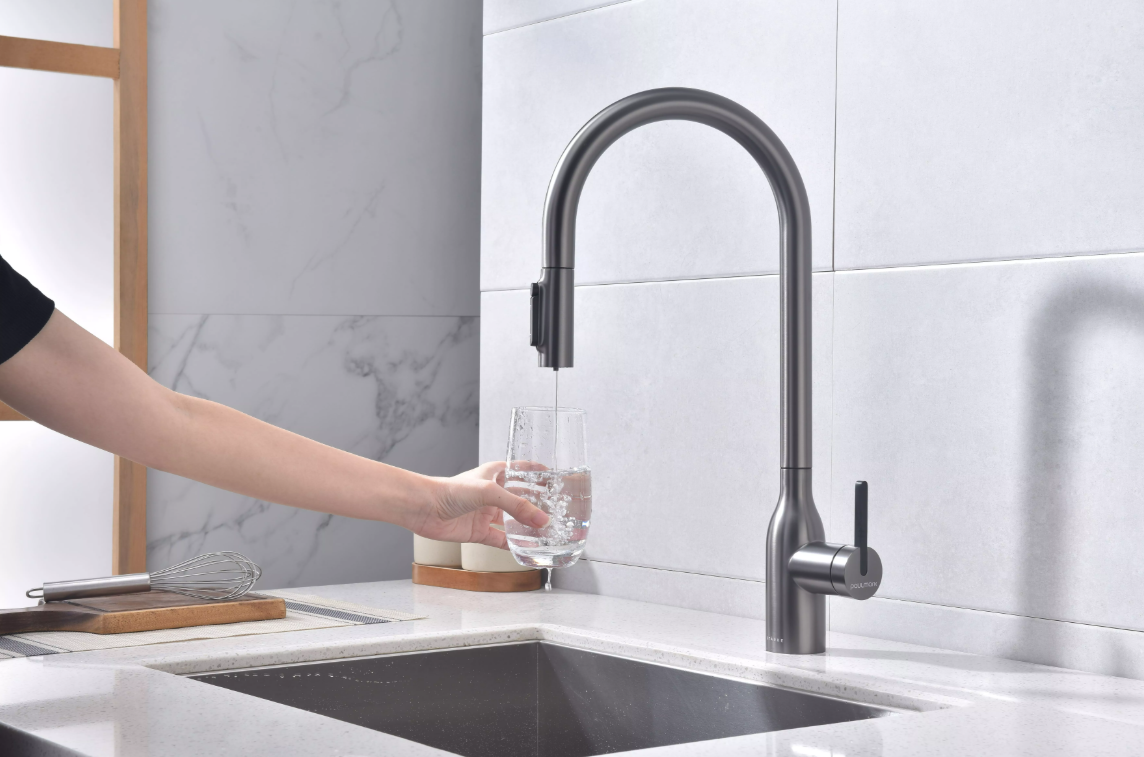 Смеситель Paulmark UNIVERSAL Metallum с подключением к фильтру для воды, с вытяжным шлангом, Вороненая сталь