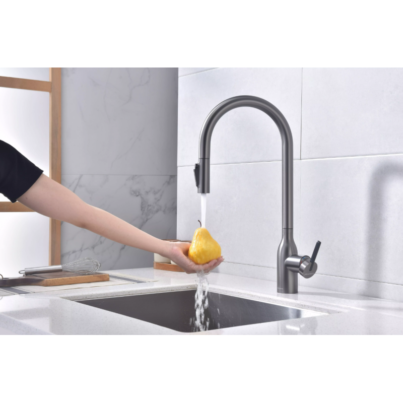 Смеситель Paulmark UNIVERSAL Metallum с подключением к фильтру для воды, с вытяжным шлангом, Вороненая сталь