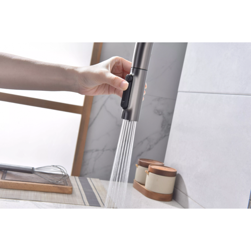 Смеситель Paulmark UNIVERSAL Metallum с подключением к фильтру для воды, с вытяжным шлангом, Вороненая сталь