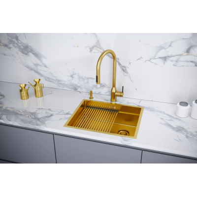Смеситель Paulmark UNIVERSAL Metallum с подключением к фильтру для воды, с вытяжным шлангом, Брашированное золото