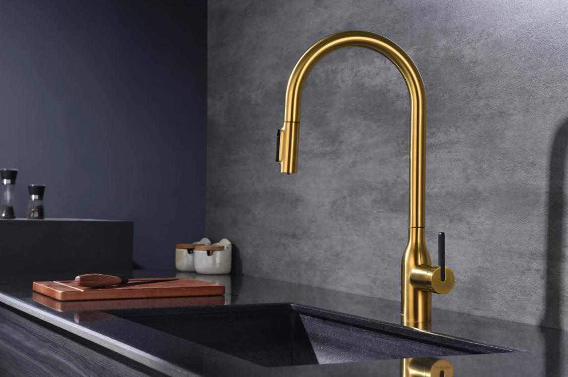 Смеситель Paulmark UNIVERSAL Metallum с подключением к фильтру для воды, с вытяжным шлангом, Брашированное золото
