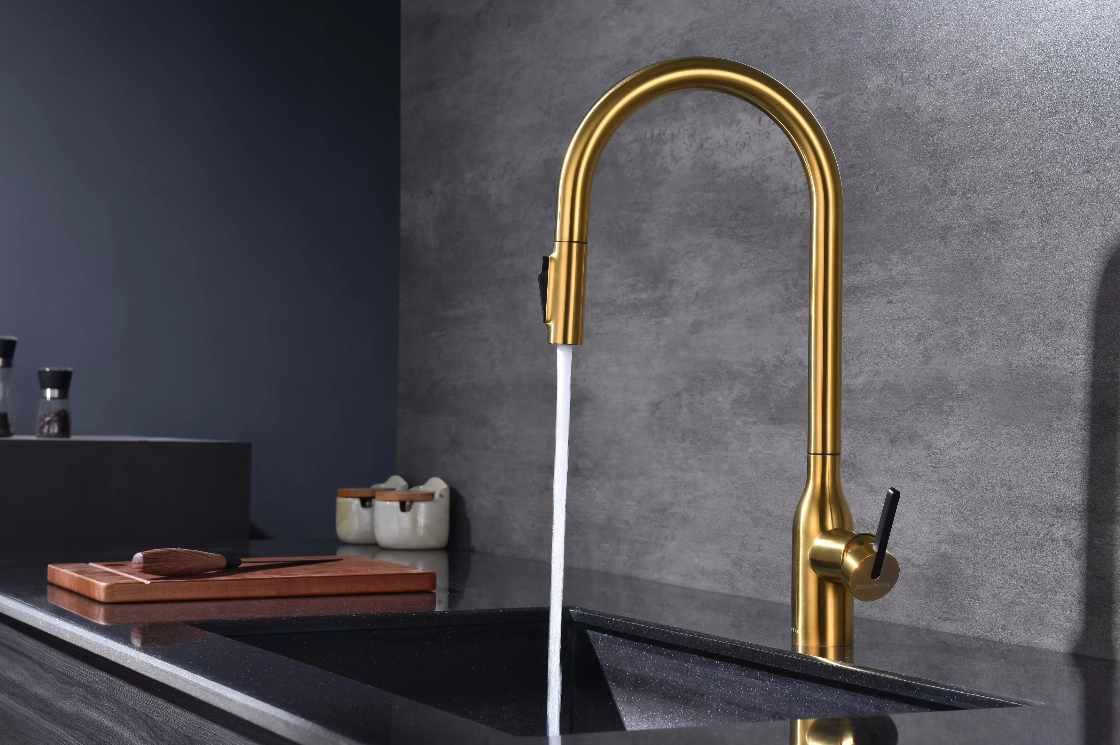 Смеситель Paulmark UNIVERSAL Metallum с подключением к фильтру для воды, с вытяжным шлангом, Брашированное золото