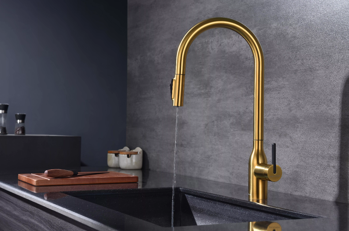 Смеситель Paulmark UNIVERSAL Metallum с подключением к фильтру для воды, с вытяжным шлангом, Брашированное золото