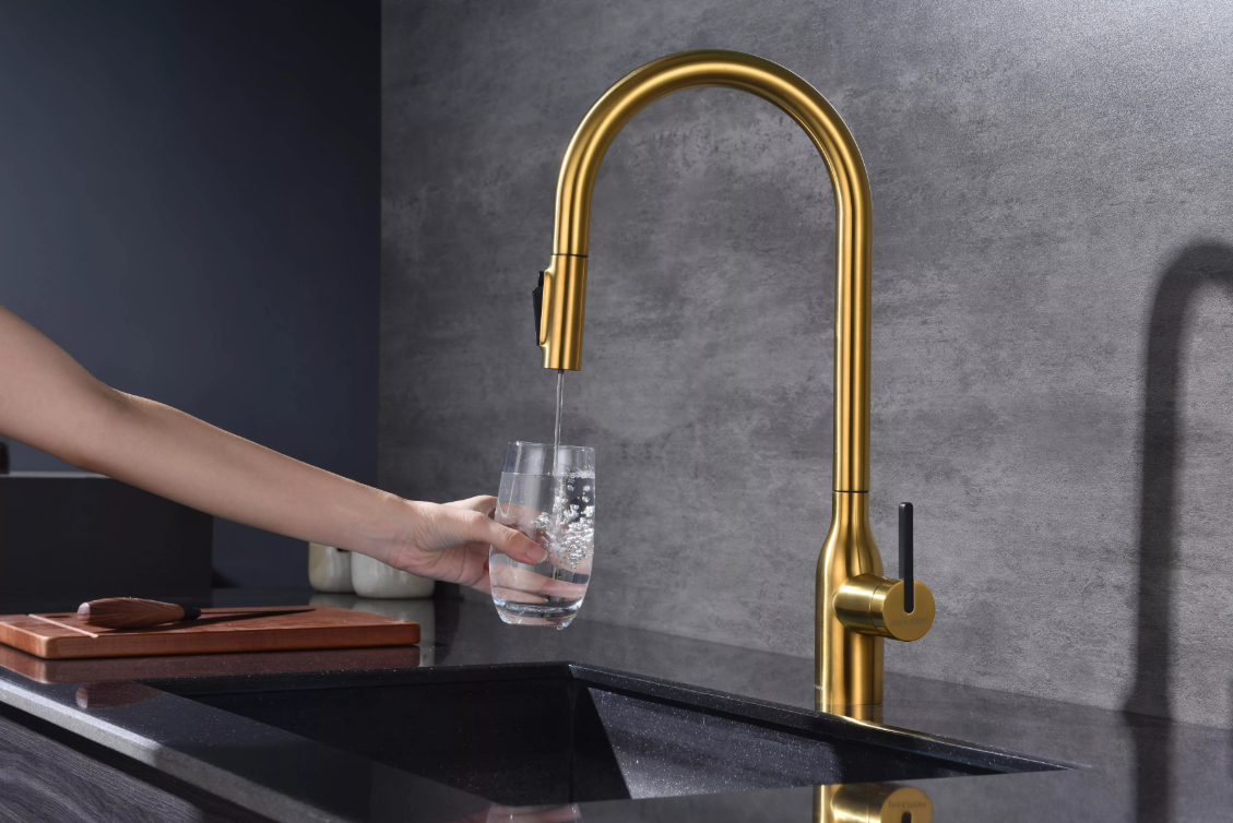Смеситель Paulmark UNIVERSAL Metallum с подключением к фильтру для воды, с вытяжным шлангом, Брашированное золото