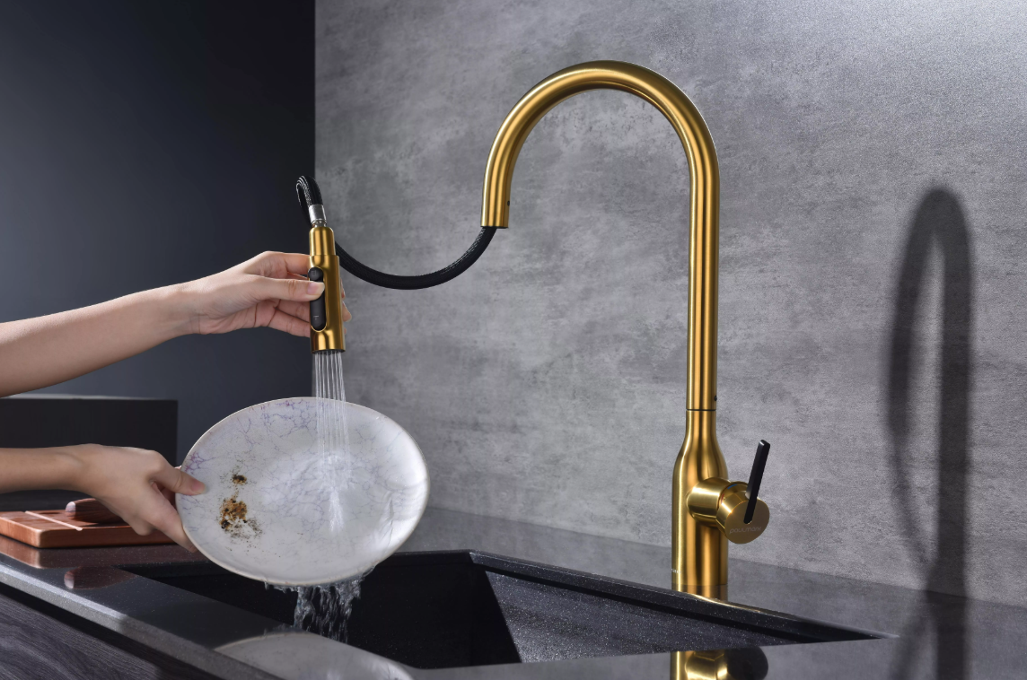 Смеситель Paulmark UNIVERSAL Metallum с подключением к фильтру для воды, с вытяжным шлангом, Брашированное золото