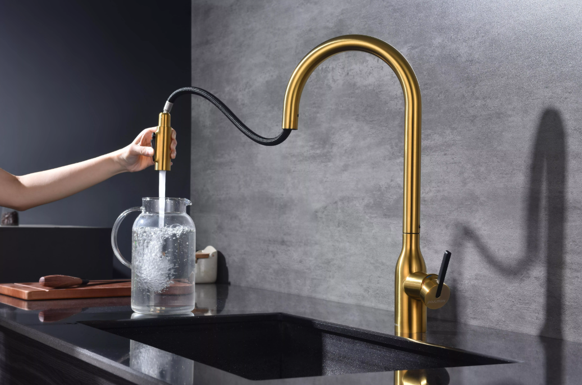 Смеситель Paulmark UNIVERSAL Metallum с подключением к фильтру для воды, с вытяжным шлангом, Брашированное золото