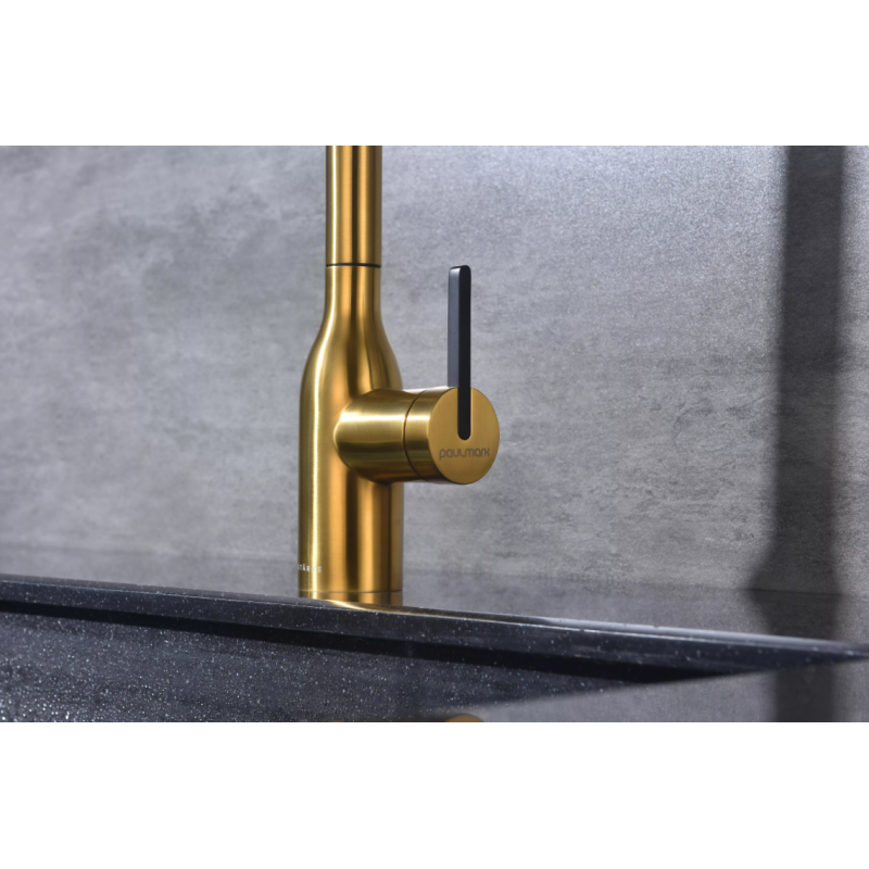 Смеситель Paulmark UNIVERSAL Metallum с подключением к фильтру для воды, с вытяжным шлангом, Брашированное золото