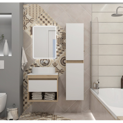 Тумба подвесная для ванной 55см QuWelle Loft со столешницей, корпус дуб, фасад белый