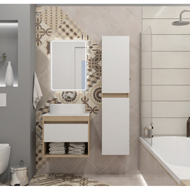 Тумба подвесная для ванной 55см QuWelle Loft со столешницей, корпус дуб, фасад белый