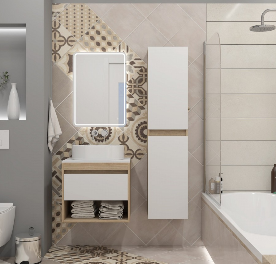 Тумба подвесная для ванной 55см QuWelle Loft со столешницей, корпус дуб, фасад белый