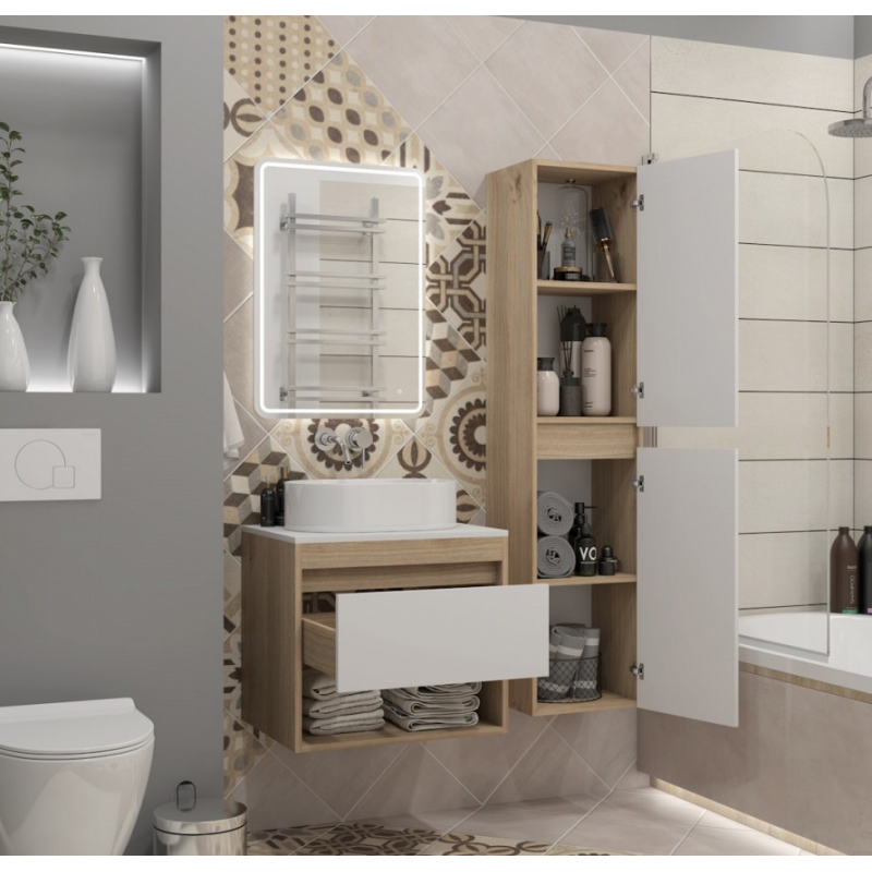 Тумба подвесная для ванной 55см QuWelle Loft со столешницей, корпус дуб, фасад белый