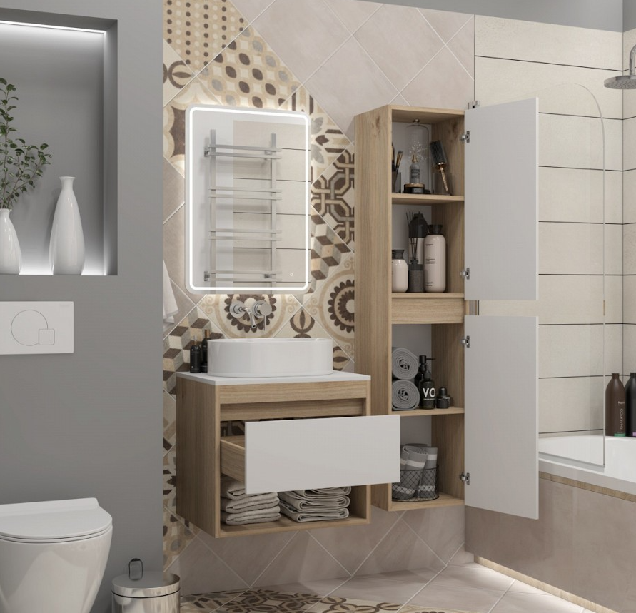 Тумба подвесная для ванной 55см QuWelle Loft со столешницей, корпус дуб, фасад белый