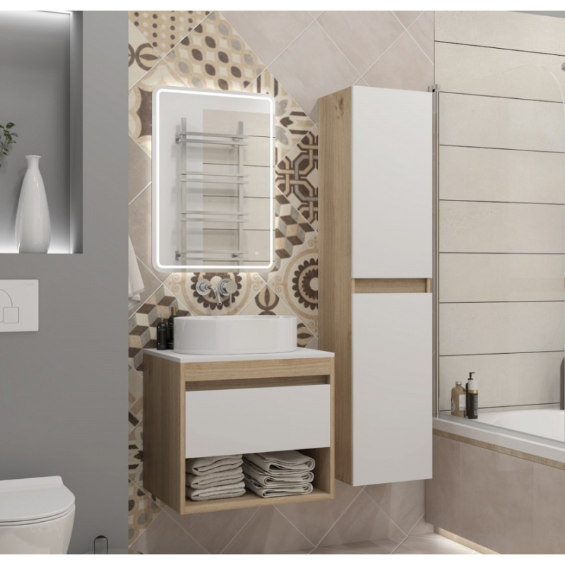 Тумба подвесная для ванной 55см QuWelle Loft со столешницей, корпус дуб, фасад белый