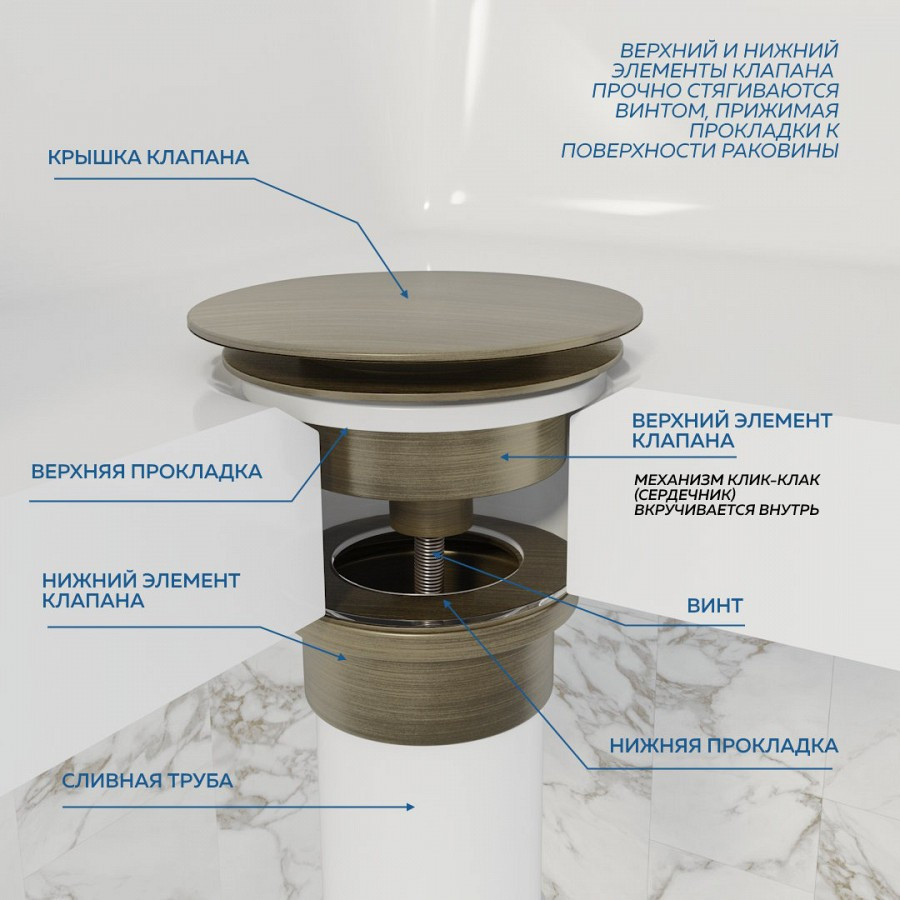 Донный клапан для раковины универсальный Quwelle черный матовый