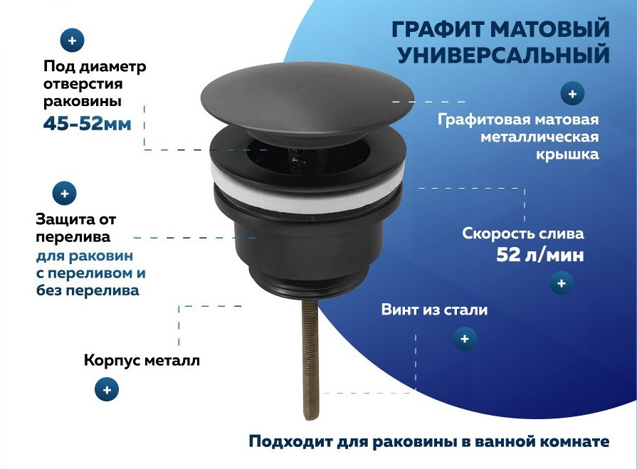 Донный клапан для раковины универсальный Quwelle графит матовый