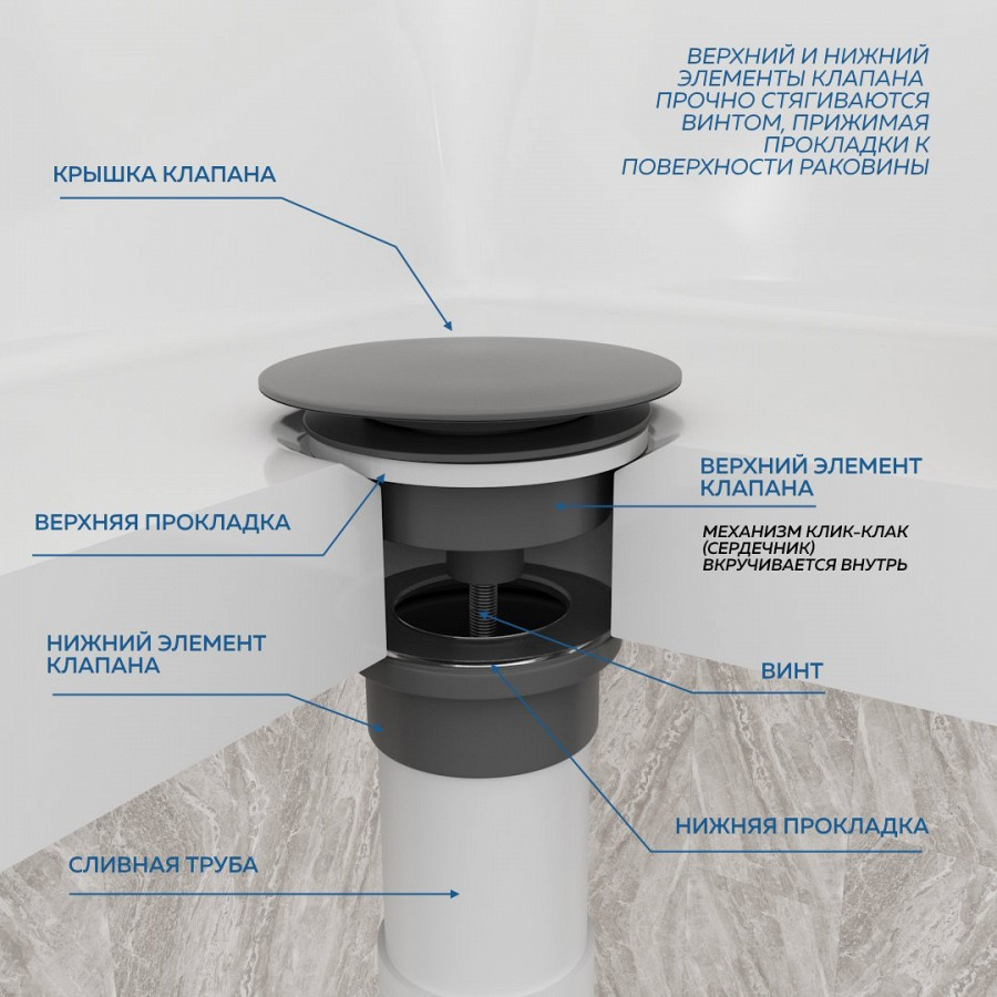 Донный клапан для раковины универсальный Quwelle графит матовый