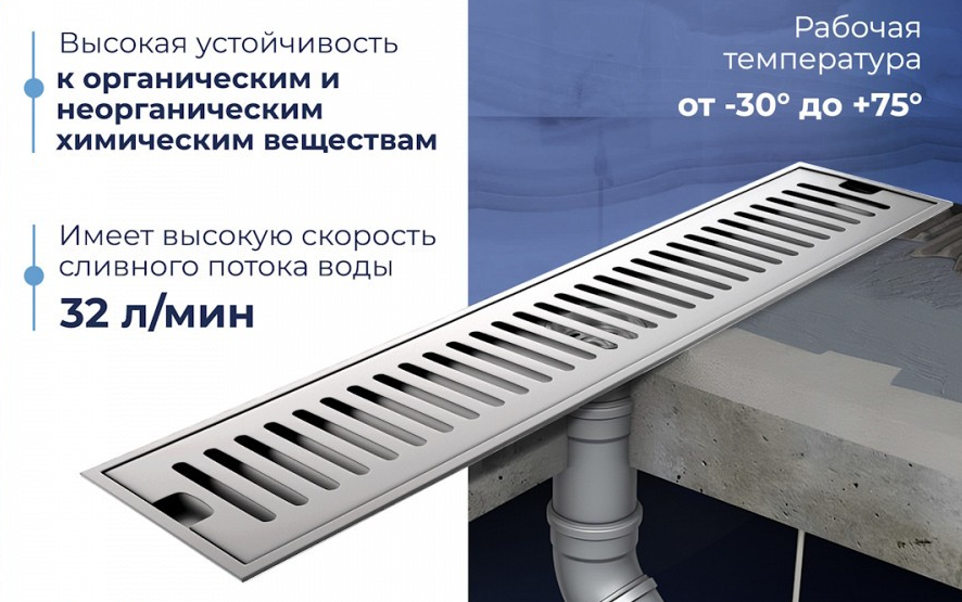 Трап для душа QuWelle 10х60, перфорированная решетка, сухой затвор, вертикальный выпуск, нержавеющая сталь