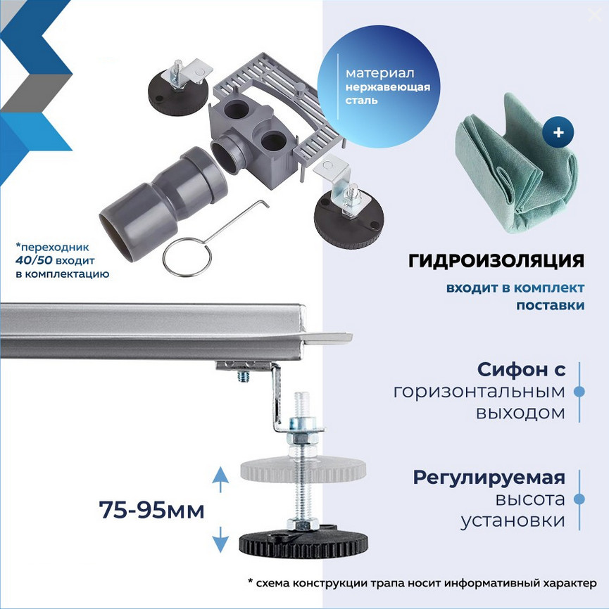 Трап для душа с гидрозатвором горизонтальный выпуск Quwelle Steel 10х50 c решеткой нержавеющая сталь
