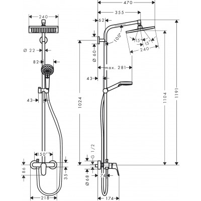 Душевая система с термостатом хром hansgrohe Crometta E 240 1jet Showerpipe 27284000