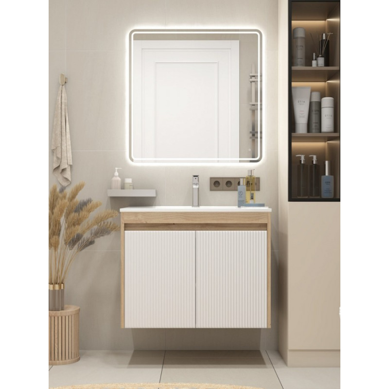 Подвесная тумба для ванной Quwelle Тренд 80см, с раковиной Rectangle, корпус в цвете дуб, фасад белый