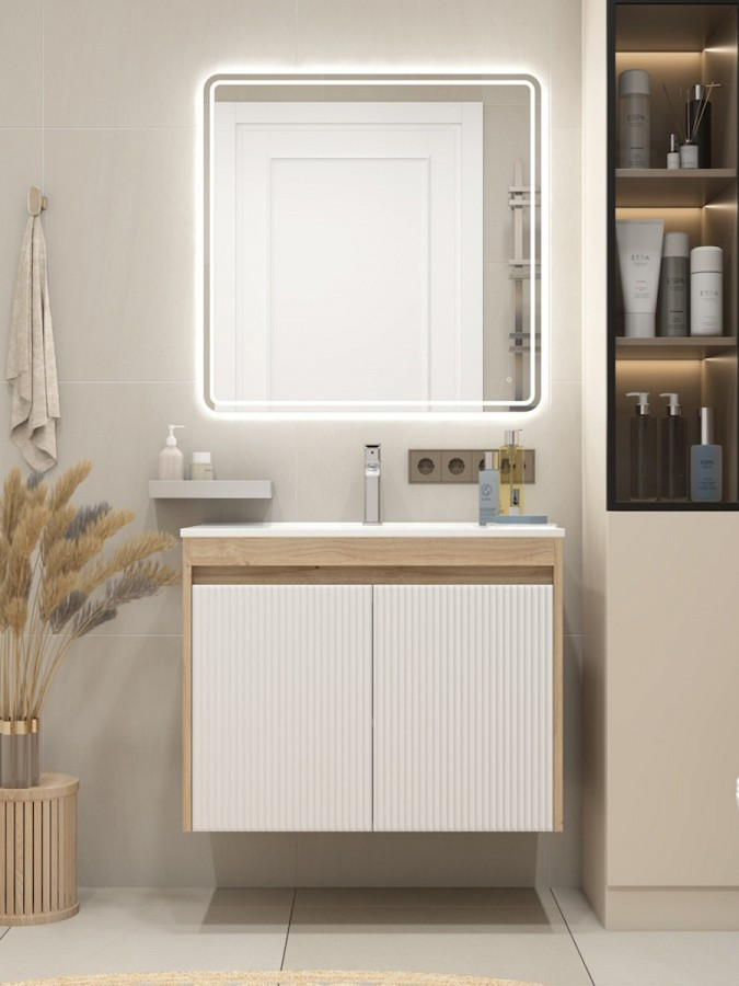 Подвесная тумба для ванной Quwelle Тренд 80см, с раковиной Rectangle, корпус в цвете дуб, фасад белый