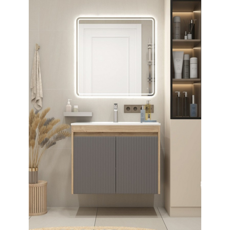 Подвесная тумба для ванной Quwelle Тренд 80см, с раковиной Rectangle, корпус в цвете дуб, фасад графит