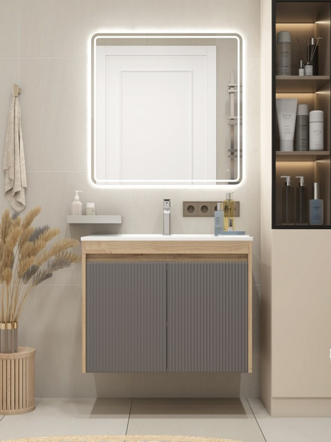 Подвесная тумба для ванной Quwelle Тренд 80см, с раковиной Rectangle, корпус в цвете дуб, фасад графит