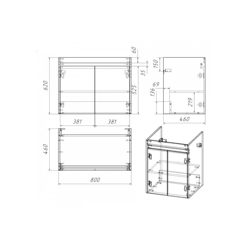 Подвесная тумба для ванной Quwelle Тренд 80см, с раковиной Rectangle, корпус в цвете дуб, фасад графит